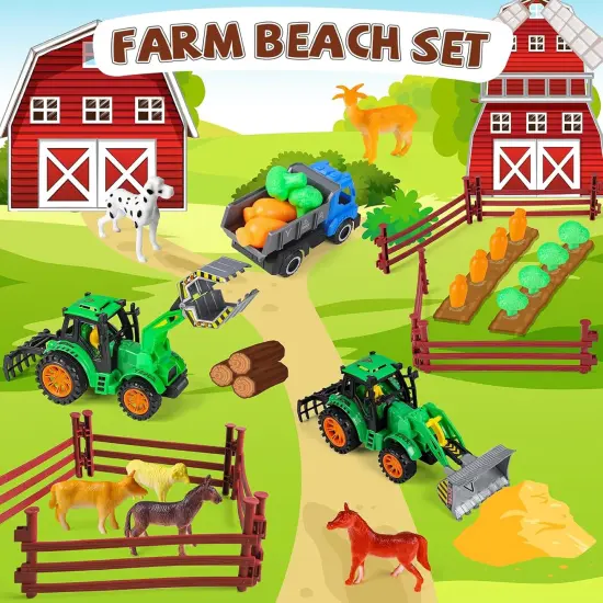 Summer Beach Toys, 45Pcs Farm Playset, Collapsible Sand Toys with Sand Buckets and Tractor Toy Set, Sand Castle Building Kit, Farm Toys, Animal Toys, Mesh Bag, Travel Beach Toys for Kids Ages 4-8 {2}