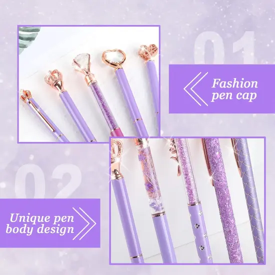 12Pcs Luxury Crystal Diamond Ballpoint Pens Set - Purple Glitter Metal Pens for Women, Journaling Supplies with Black Ink for School Office Desk {2}