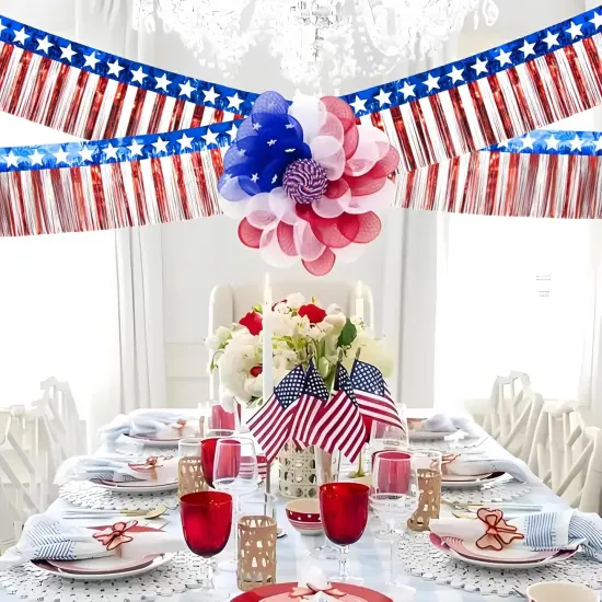 4th of July Decorations 4 Pack 40Ft Tinsel Foil Fringe Garland Streamers Hanging Red White Blue Fringe Backdrop Banner for Parade Floats Decor 4th of July America Patriotic Day Memorial Day {3}
