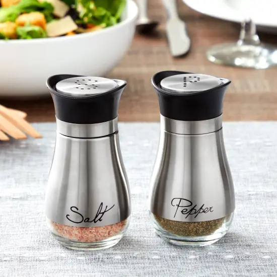 Stainless Steel Salt and Pepper Shaker Set with Glass Bottom, Perforated "S" and "P" Caps - Modern Kitchen Counter Decor (4oz) Silver {2}