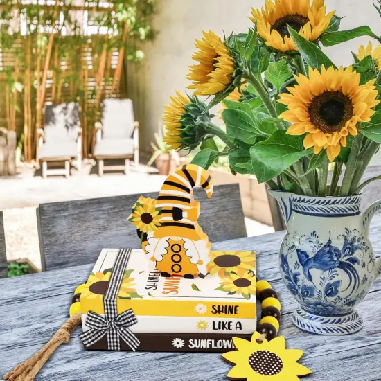 5 Pieces Sunflower Tiered Tray Decor Summer Wood Table Sign Rustic Book Stack with Gnome Wood Bead Tassels Summer Wooden Tabletop Centerpiece Shelf Decoration for Farmhouse Decor {4}