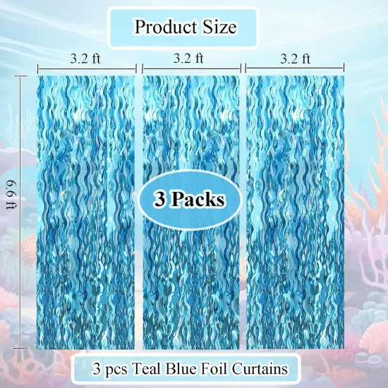 Wavy Tinsel Foil Fringe Curtains 3 pcs Teal Blue Backdrop for Mermaid Birthday,Under The Sea Party,Baby Shark Birthday Decorations(3.2 ft x 6.6 ft) {2}