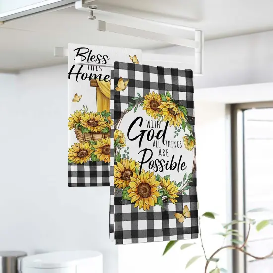 God All Things are Possible Christian Kitchen Dish Towels Set of 2, Religious Cross Sunflower Spring Summer Hand Towels Drying Baking Cooking Cloth, Fall Plaid Farmhouse Home Decor 18x26 {3}
