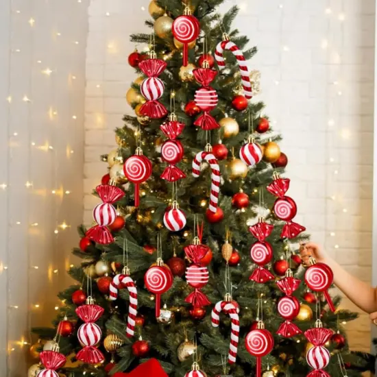 36 Pcs Red and White Christmas Ornaments, Shatterproof Plastic Red Christmas Ornaments for Tree - Candy Cane Christmas Decorations Candies Christmas Ball Ornaments for Xmas Tree Party Decoration {1}