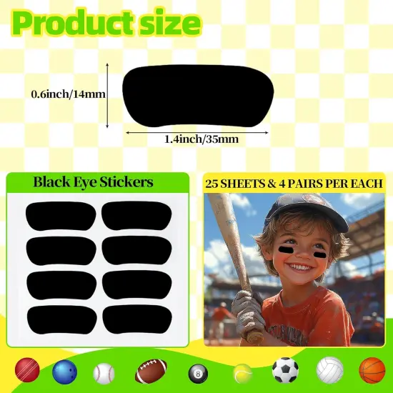 100 Pairs Sports Eye Black Stickers Set for Softball, Football, Lacrosse, Baseball Party Favors - Eye Stickers with 2 Pencils for Party Game Day Sports Supplies (Black) {4}