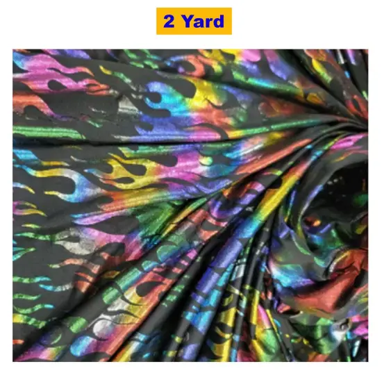 Multicolor Rainbow Flames Stretch Pleather on Black Foil Spandex {1}
