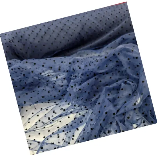Navy Blue Tulle Mesh Fabric Black Velvet Polka dot For Dress {4}