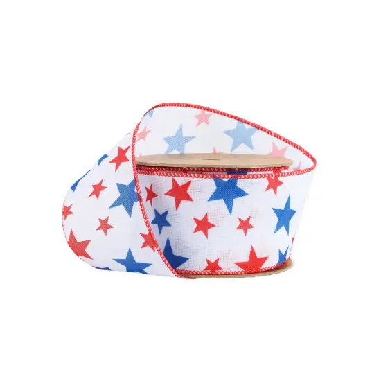 LaRibbons 2 1/2" Wired Ribbon | Red/White/Blue Stars | 10 Yard Roll Natural {9}