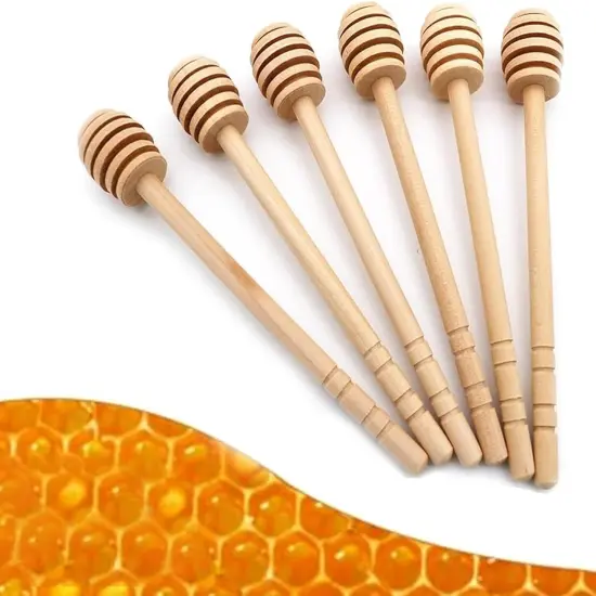 4PCS Honey Mixing Stirrer, 6.3 Inches Wooden Honey Dipper, Smooth Honey Comb Stick, Honey Spoon Collecting Dispensing Drizzling Jam (Straight Handle) {5}