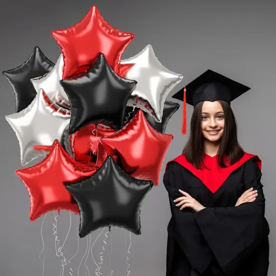 Black Red Star Foil Balloons, 18 Inch Black Silver Pentagram Aluminum Foil Balloons 12 Pcs {4}