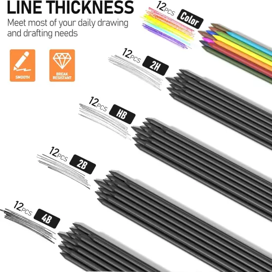 2MM Mechanical Pencil Set With Case, Artist Metal Lead Holder, 60PCS Graphite Refill (HB, 2H, 2B, 4B, Color), Kneaded Eraser, Sharpener for Writing, Drawing, Sketching {4}