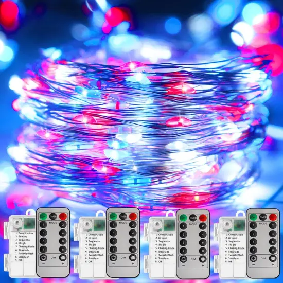 4th of July Decorations Fairy Lights - Red White Blue String 100LED Copper Battery Operated Remote Control Patriotic for Independence Memorial Day - 4 Pack {1}