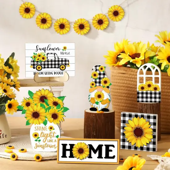 12 Pcs Sunflower Tiered Tray Decor Sunflower Decorations for Home Farmhouse Tray Set Rustic Summer Flower Table Top Centerpiece for Home Farmhouse Rustic Kitchen {2}