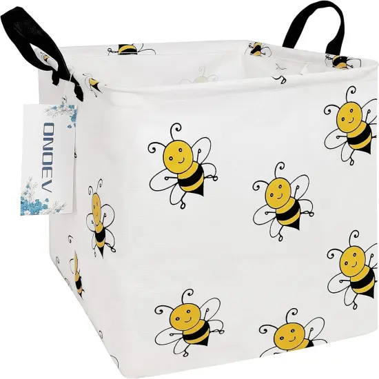 Summer Basket Square Folding Laundry Basket, Canvas Basket,Nersury Hamper,Suitable for Children,Office,Bedroom,Clothes,Toys Storage（Bee {1}