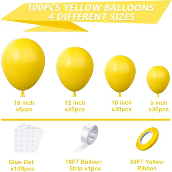 Yellow Balloons Garland Arch Kit, 100PCS 18In 12In 10In 5In Yellow Latex Balloons Garland Arch Kit with Glue Dot Strip and Ribbon for Birthday Weddings Anniversary Graduation Party Decorations {2}