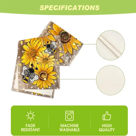 Wood Sunflower Bee Flower Polka Dot Summer Table Runner, Seasonal Kitchen Dining Table Decoration for Indoor Party Home 13x72 Inch {5}