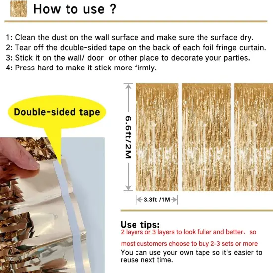Gold Metallic Tinsel Foil Fringe Curtain, 3 Pcs 3.3ft x6.6ft Photo Booth Backdrop Streamer Curtains&Photo Booth Props, Party Decorations for Bachelorette Graduation Wedding Birthday (Gold) {3}