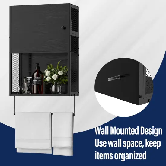 Black Wall-Mounted 3-Tier Bathroom Cabinet with Towel Bar - Over Toilet Storage Shelf, Medicine Cabinet for Bathroom, Laundry Room, Space-Saving Design (7.8"D x 16.9"W x 29.2"H) {4}