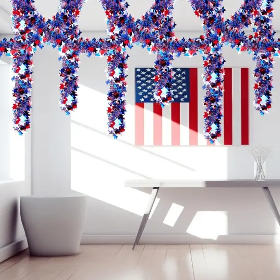 Patriotic Red White and Blue Tinsel Garland 4th of July Metallic Star Hanging Twist Tinsel for Independence Day Memorial Day Outdoor Decoration {4}