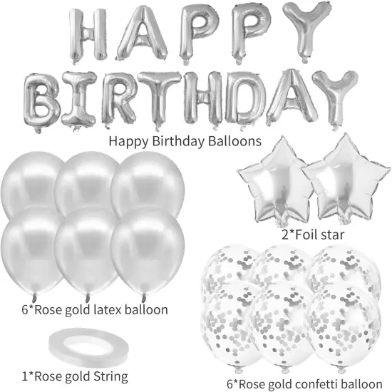 Birthday Party Decorations, Silver Set 15pcs - Happy Birthday Banner, Heart Star Balloons, Foil Confetti Balloons {5}