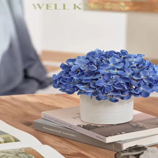 Artificial Hydrangea Fake Flowers in Vase, Fake Silk Flowers in Ceramic Vase, Artificial Plants in Pot for Fall Home Office Lavotory Table Shelf Decor (Blue) {2}
