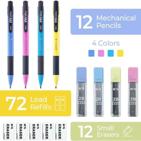 Mechanical Pencils Set 1.8mm, 2B Pencil Lead, 12 Pencils, School Supplies, Teacher Supplies, Drawing Pencils, Sketching Pencils, 12 Tube Lead Refill Set, 12 Erasers for Drafting Drawing Sketching {2}