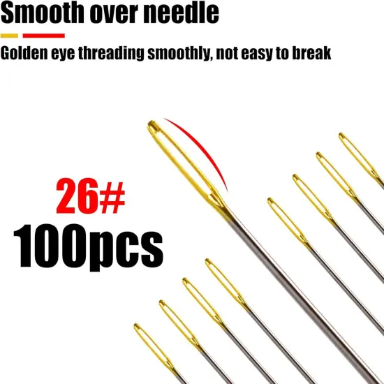 100pcs Cross Stitch Needles + 2 Needle Threader Golden Color Large Eyes Cross Stitch DIY Embroidery Hand Needles Sewing Needles in Transparent Box (26#) {3}