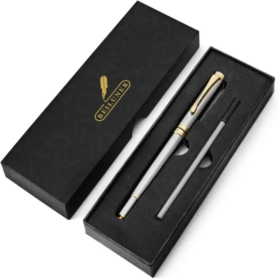 Ballpoint Pens, Stunning Silver Chrome Metal Pen with Golden Trim, Best Ball Pen Gift Set for Men & Women, Professional, Executive, Office, Nice Pens-Gift Box with 0.5mm Extra Black Refill {4}