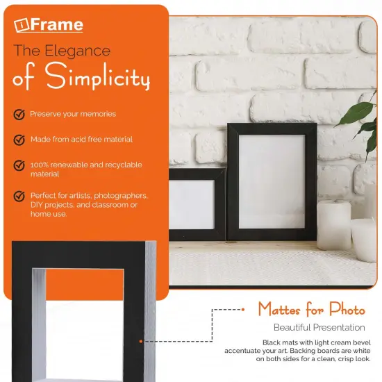 iFrame Pre-Cut Black Mats with Light Cream Bevel-Cut + Backing Boards + Transparent Clear Plastic Bags, Acid Free Photo Album Complete Set {3}