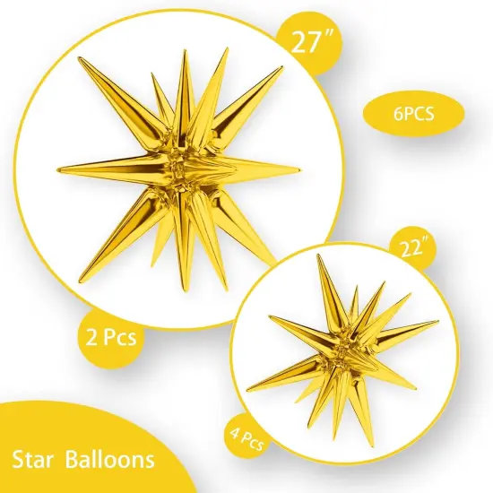 6Pack Star Foil Balloons Gold Explosion 14 Point Cone Balloons Magic Starburst Balloons Large for Wedding Anniversary Backdrop Birthday Party Decorations(27&22 inch) {2}