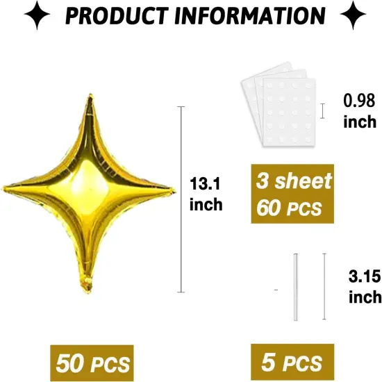 50Pcs 10 Inch Gold Star Foil Balloons Gold Star Shape Mylar Balloon Kit with 60Pcs Balloon Glue Point and 5Pcs Straws for Birthday Baby Shower Engagement Anniversary Wedding Party Decoration {2}