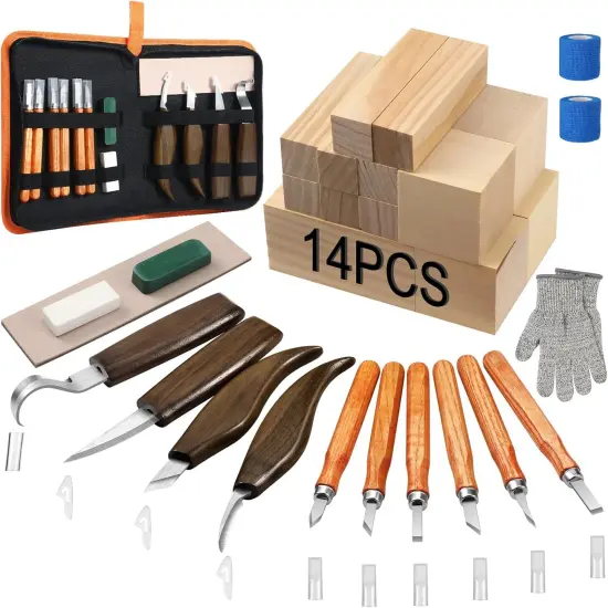 42PCS Wood Carving Kit for Beginners,14 Basswood, Wood Whittling Kits for Beginner and Kids, Wood Carving Tools with Safety Protection. 10pcs Carving Knife with 14pcs Basswood Block. {1}