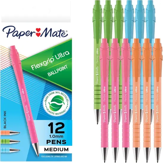 Ballpoint Pens, Made from Recycled Plastic Materials, Assorted Barrel Colors, Medium Point (1.0mm), Black, 12 Count {1}