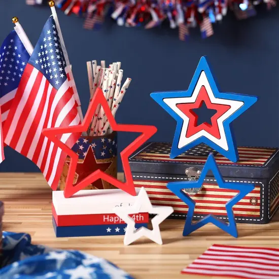 6 Pieces 4th of July Wooden Star Signs Patriotic Decoration Memorial Day Table Decor for Home Independence Day Tiered Tray Shelf Decor (White,Blue and Red) {2}
