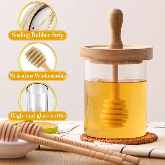 Honey Pot - Honey Jar and Dipper Set - Glass Honey Jar with Dipper - Honey Dipper Stick and Jar Set - Glass Honey Dispenser No Drip - Honey Container with Dipper- 2 Wooden Honey Dippers - 13 Oz {2}