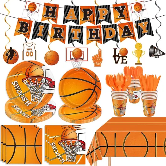 178 Pcs Basketball Theme Birthday Party Decorations Basketball Party Supplies Set Include Plates, Napkin, Cup, Fork, Knives, Spoon, Tablecloth, Banner for Kids and Adults, Serves 24 Guests {1}