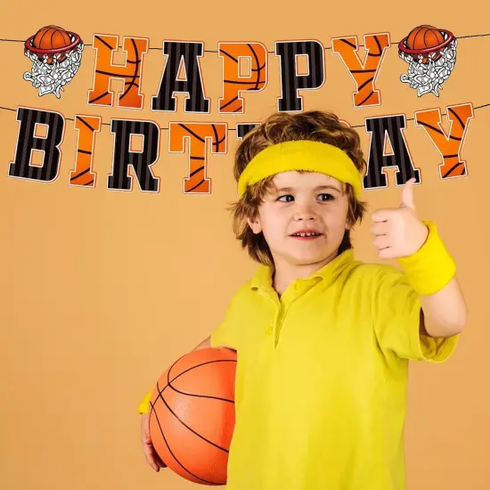 Basketball Happy Birthday Banner Basketball Theme Birthday Party Decoration Kids Teenagers Boys Men Birthday Party Bunting Sign, Orange {3}