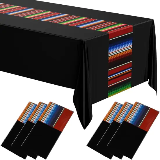 6 Pcs Fiesta Tablecloth 108 x 54 Inch Plastic Tablecover Waterproof Mexican Tablecloth Mexican Striped Table Cover for Taco Night Festive Fiesta Wedding (Black) {1}