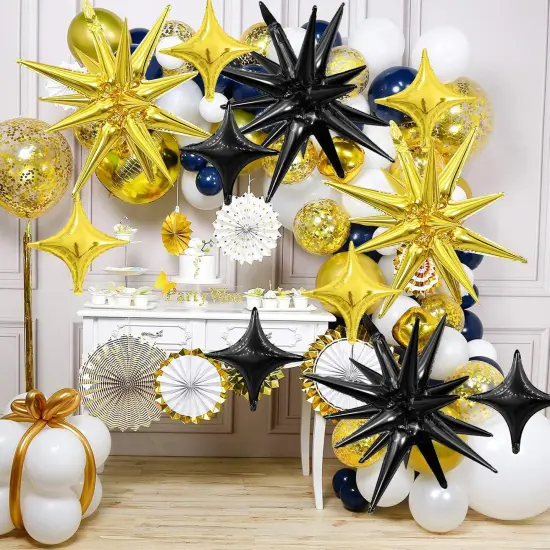 Black Gold Star Balloons,Explosion Star Balloons Kit with 6Pcs 22Inch Cone Star Foil Balloons and 10Pcs 10Inch Four Pointed Star Balloons for Birthday Anniversary Disco Party Decorations {4}