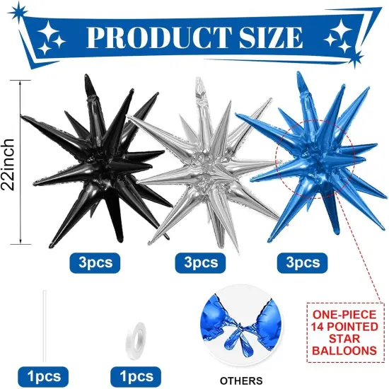 Black Blue Silver Star Balloons,9Pcs Blue Silver Explosion Star Foil Balloons,22Inch Spike Cone Star Helium Mylar Balloons for Birthday Anniversary Baby Shower Disco Party Decorations {2}