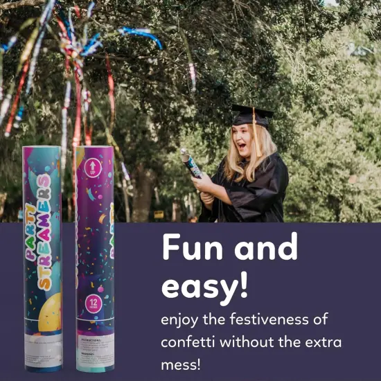 No Mess Streamer Confetti Cannon Party Poppers | 6 Pack | Multicolor Streamers | Glitter Bomb Confetti Shooters | Decoration for Birthday, Wedding | Launches 25 ft | 12 inch | {2}