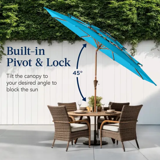 Best Choice Products Woodgrain Pattern 10ft 3-Tier Solar Patio Umbrella w/ 24 LED Lights, Tilt Sky Blue {6}
