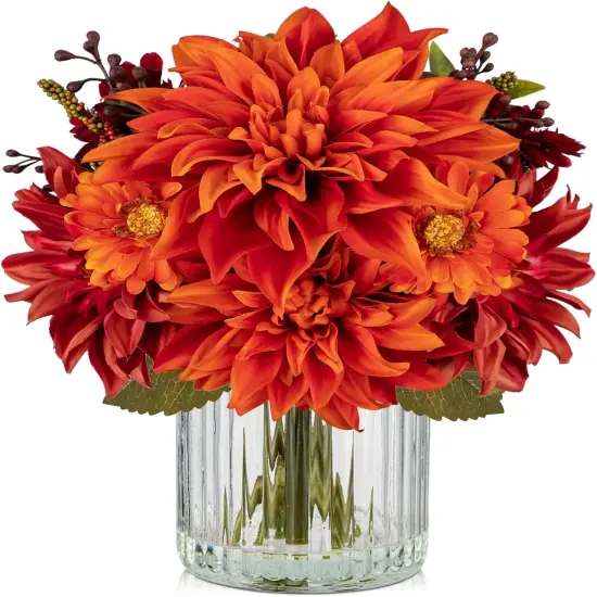Fake Fall Flowers with Vase, Artificial Dahlia & Mum Silk Floral Arrangement with Glass Vase Faux Autumn Flowers Bouquet for Home Office Room Coffee Table Centerpiece Wedding Decoration {1}