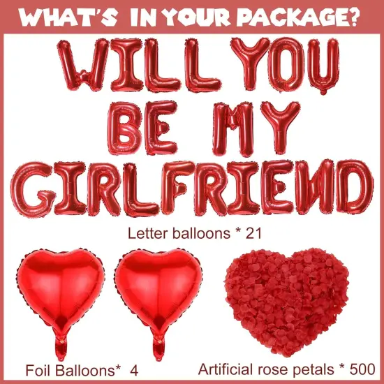 Will You Be My Girlfriend - Letter Foil Balloons Decorations 4 Pcs Red Heart Balloon and 500 Pcs Artificial Rose Petals For Proposal Wedding Valentine Day Decor Supplies {2}