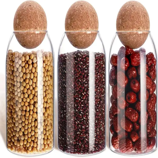 3 Pcs Glass Jar Storage Container with Ball Cork Decorative Round Organizer Bottle Sealed Canister Jar with Airtight Seal Wooden Lid for Food Coffee Bean Candy Biscuits Spice(800 ML/ 27 Oz) {1}