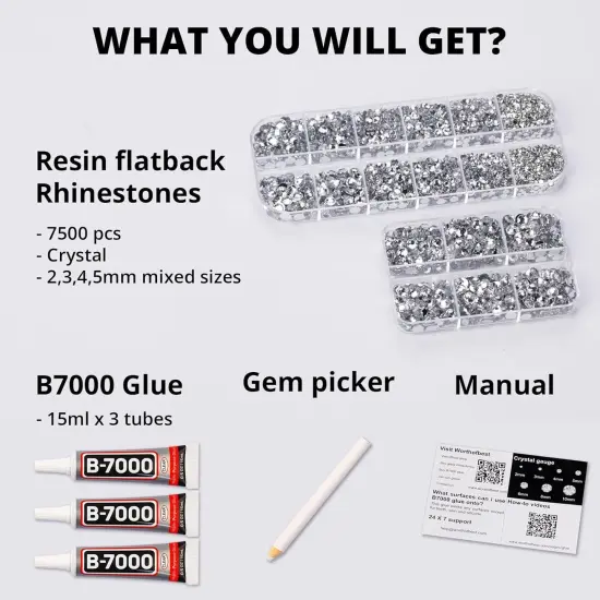 b7000 Glue with 7500Pcs Clear Silver Rhinestones for Crafts Clothes Clothing Fabric, Shiny Flatback Crystals Gems for Crafting Shoes Shirt, Flat Back Diamonds Set Badazzle kit Jewels 2-5mm 4 Sizes Mix {2}