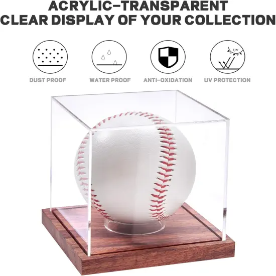 Baseball Display Case, No Assembly Required Clear Cube Tennis Ball Holder with Solid Wooden Base, Autograph Baseball Stand Box for Single Ball (1 Pack) {5}
