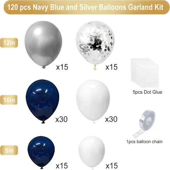 Blue Silver Balloons Garland Kit, 120 pcs Navy Blue and Silver Confetti White Balloons Arch for Graduation, Birthday Party, Wedding DIY Decoration {2}