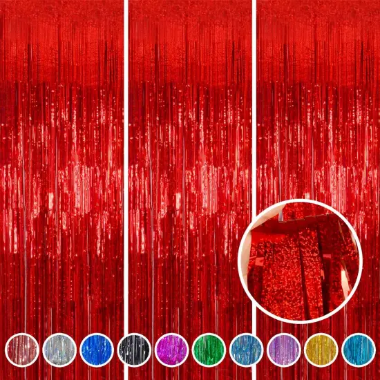 Foil Fringe Curtains Party Decorations April fool's Day Decorations - Melsan 3 Pack 3.2 x 8.2 ft Red Tinsel Curtain Party Photo Backdrop for Birthday Party Baby Shower or Graduation Decorations {1}