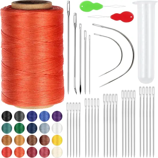 Leather Upholstery Sewing Waxed Thread: 218 Yards 210D Wax String Set with 30Large Eye Hand Sewing Needles,2 Curved Needle and 2 pcs Needle threaders {5}